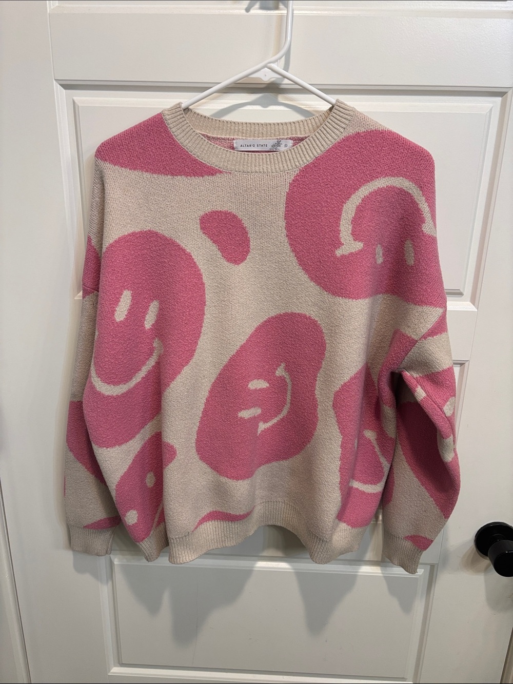 Altar’d State Beige and Pink Smiley Intarsia Crewneck Sweater